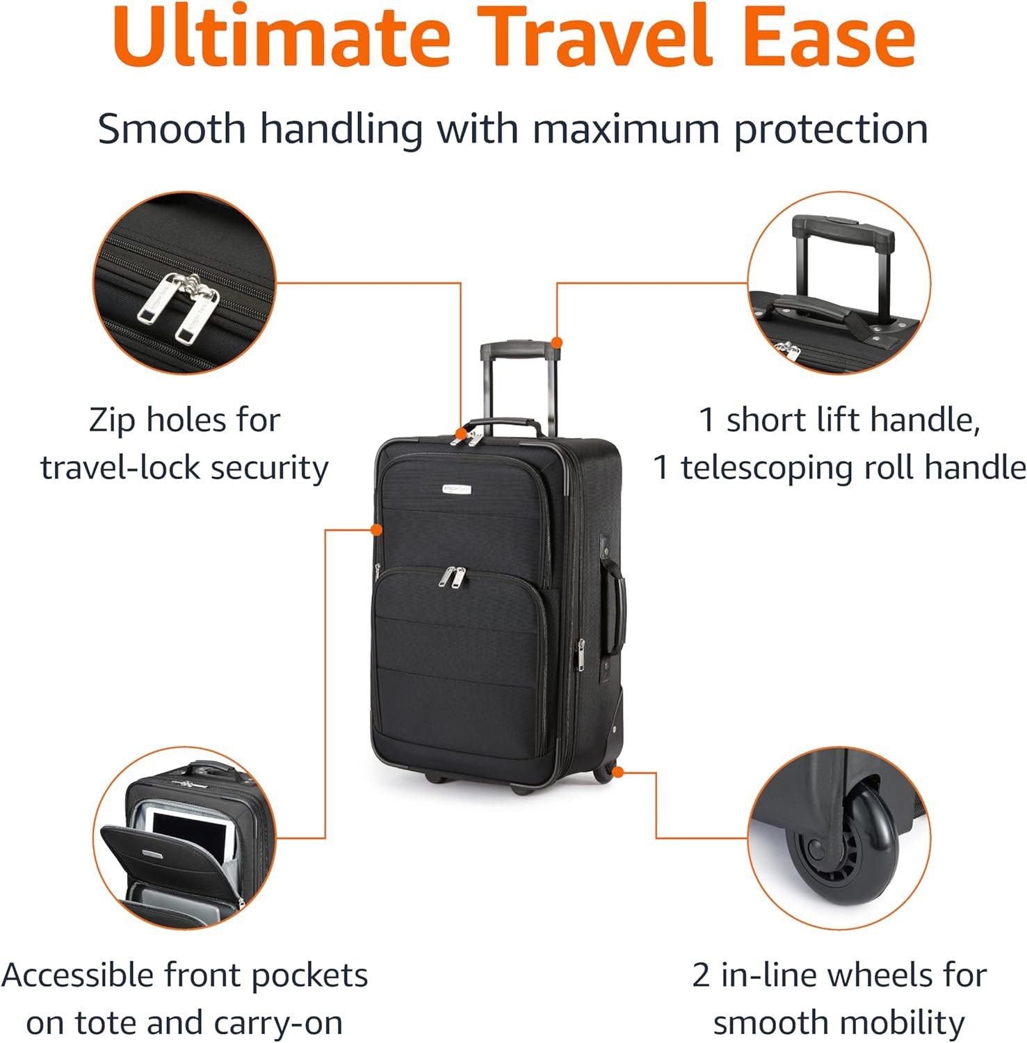 Amazon Basics Luggage Sets, Carry-On 23-Inch, tote 15-Inch, Suitcase With Wheels, Expandable Extra Space (+15%), Front Pockets and Telescopic Handle, Black - Image 3