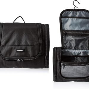 Amazon Basics Travel Toiletry Bag for Men and Women, Hanging Toiletry Bag, Dopp Kit with 2 Side Pockets, Multiple Interior Pockets, Durable 1680D Polyester, Handles Bathroom Spills/Splashes, Black
