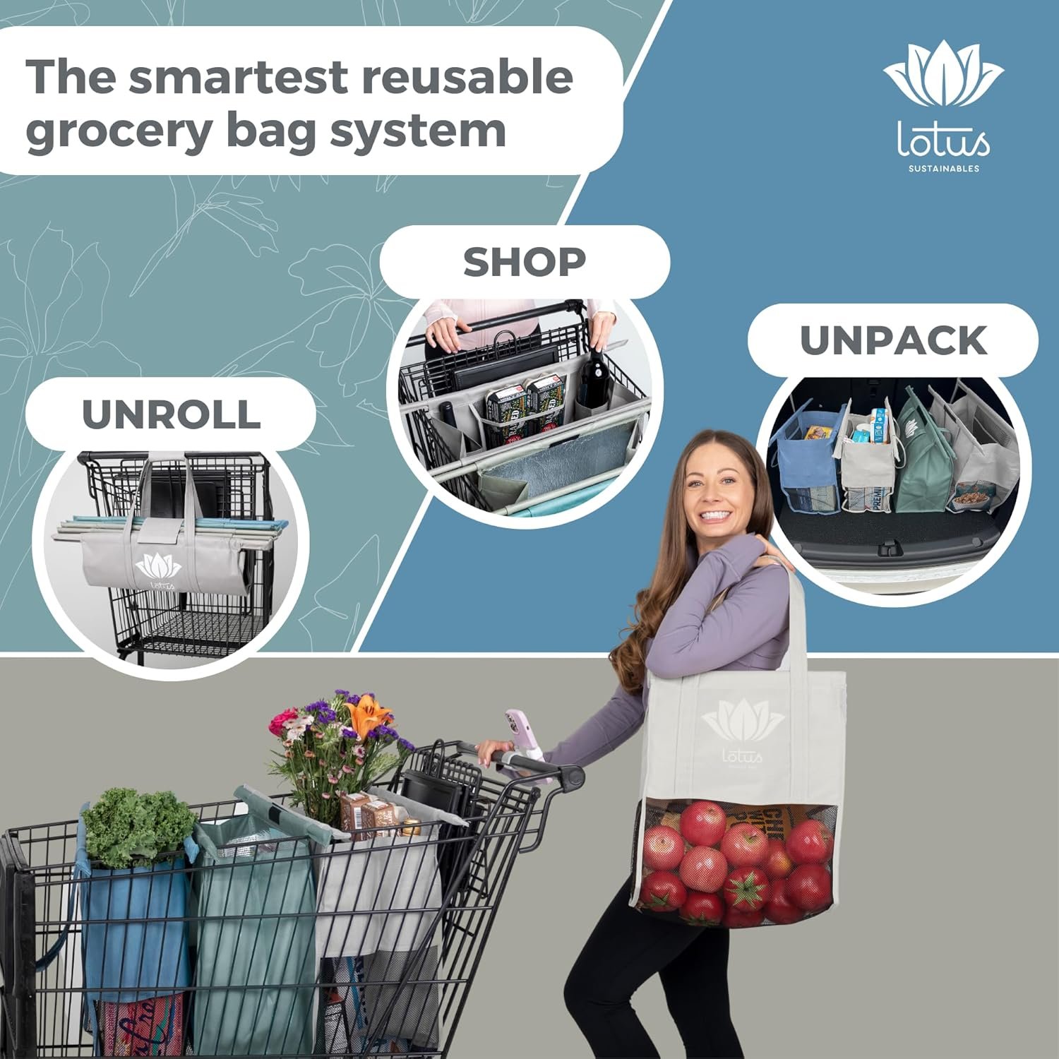 Lotus Trolley Bags for Shopping Carts - Reusable Shopping Bags, Grocery Bags with Insulated Cooler & Egg/Wine Holder, Foldable, Washable Grocery Cart Bags, Multi-Use Tote Bags (Set of 4 - Earth Tones) - Image 2