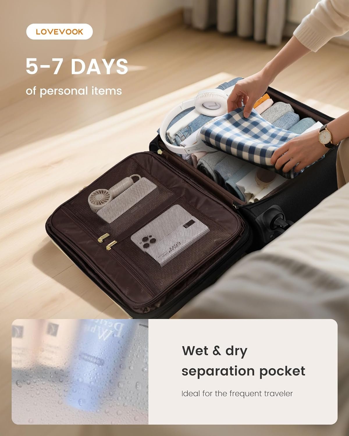 LOVEVOOK Carry on Suitcase 22x14x9 Airline Approved,20 inch Lightweight Waterproof Suitcases with 360° silent swivel wheels, TSA Lock and Compartment, Large Capacity travel Suitcase Black-White-brown - Image 3