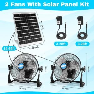 Sumind 2 Pcs 10” Portable Rechargeable Fan with 20 W Panel, Battery Operated Solar Fan, 2 in 1 Solar Panel Powered and DC Charger Powered, 7500mah Battery for Household, Camping, Greenhouse, Factory