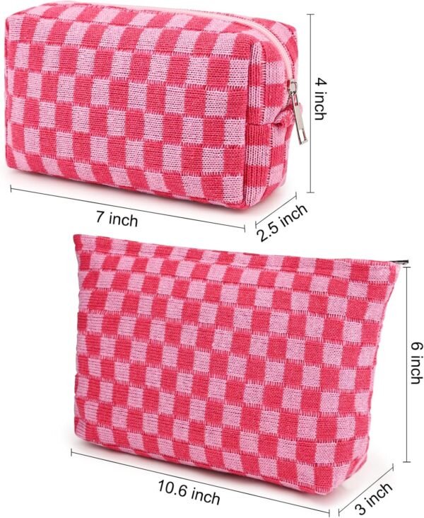 2 Pieces Makeup Bag Large Checkered Cosmetic Bag Capacity Canvas Mix Travel Toiletry Bag Organizer Cute Makeup Brushes Aesthetic Accessories Storage Bag for Women, Checkered Mix Rose Red - Image 3