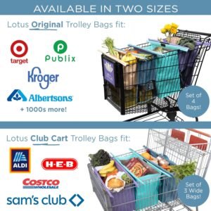 Lotus Trolley Bags -set of 4 -w/LRG COOLER Bag & Egg/Wine holder! Reusable Grocery Cart Bags sized for USA. Washable Eco-friendly 4-Bag reusable Grocery bag