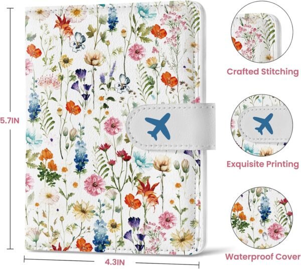Passport Holder for Travel Essentials, RFID Blocking Leather Cover Wallet with Magnetic Closure, Aesthetic & Cute Passport Book Case for Women and Men - Wildflower - Image 5