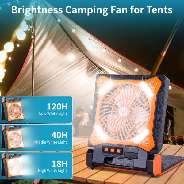 Solar Fan Battery Powered Rechargeable Solar Camping Fan with Led Lantern Power Bank Foldable Angle USB Personal Fans for Travel Outdoor CampingTents camping essentials X98 Orange - Image 5