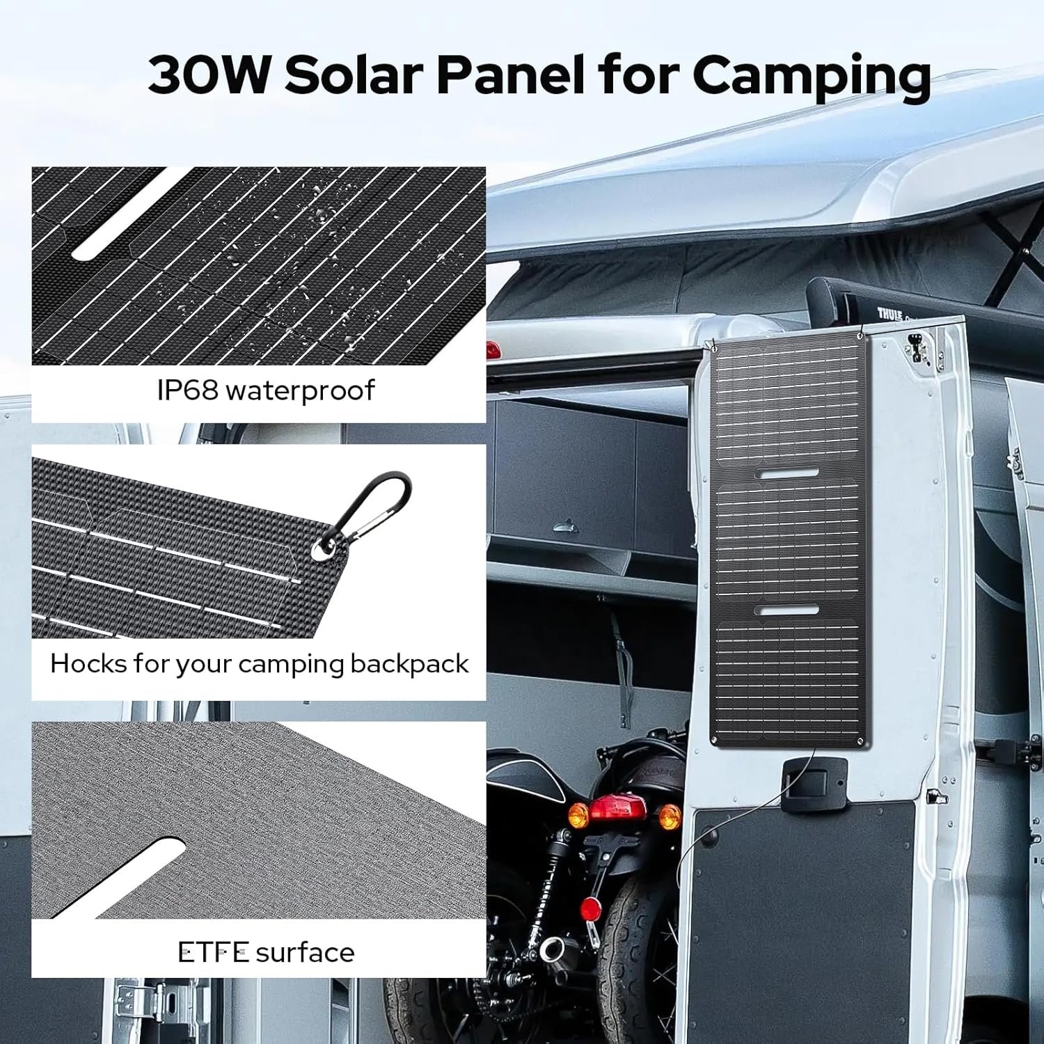 30W Portable Solar Panel Charger, Foldable ETFE Monocystalline Panel with USB-C USB-A and DC Outputs, IP65 Waterproof, High Conversion for Phones,Power Stations, RV, Outdoor Use - Image 3