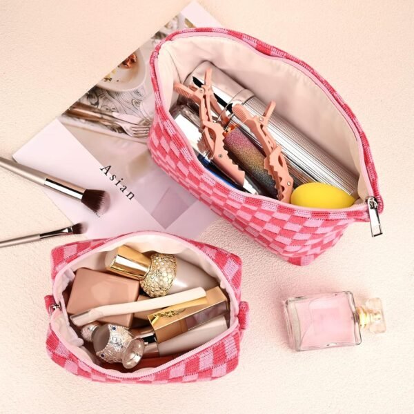2 Pieces Makeup Bag Large Checkered Cosmetic Bag Capacity Canvas Mix Travel Toiletry Bag Organizer Cute Makeup Brushes Aesthetic Accessories Storage Bag for Women, Checkered Mix Rose Red - Image 4