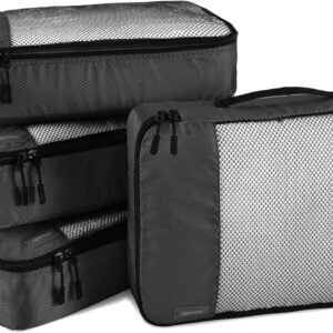 Amazon Basics Lightweight Packing Cubes Travel Organizer Set with Double Zipper, Mesh Top, Durable Polyester, Medium, 4 Piece, Black