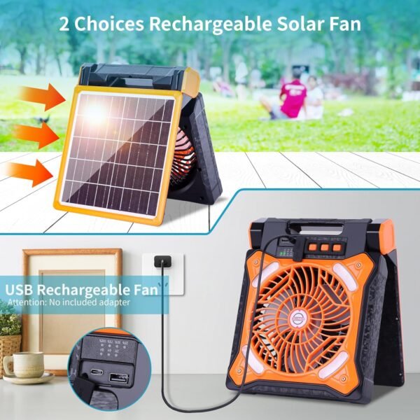 Solar Fan Battery Powered Rechargeable Solar Camping Fan with Led Lantern Power Bank Foldable Angle USB Personal Fans for Travel Outdoor CampingTents camping essentials X98 Orange - Image 2