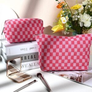 2 Pieces Makeup Bag Large Checkered Cosmetic Bag Capacity Canvas Mix Travel Toiletry Bag Organizer Cute Makeup Brushes Aesthetic Accessories Storage Bag for Women, Checkered Mix Rose Red