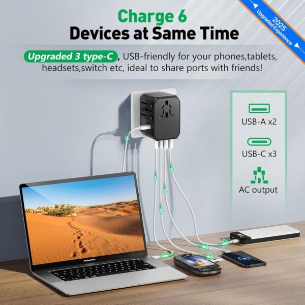 Universal Travel Adapter International Plug - European Travel Plug Adapter Worldwide US AUS EU UK Spain Germany Ireland Italy - All-in-one Travel Outlet Power Adapter with 3 USB C 2 USB A - Image 3