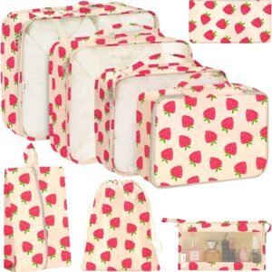 KPX 8 Set Packing Cubes for Travel, Luggage Packing Organizers Accessories Large Toiletries Bag for Clothes Shoes Cosmetics (Strawberry)