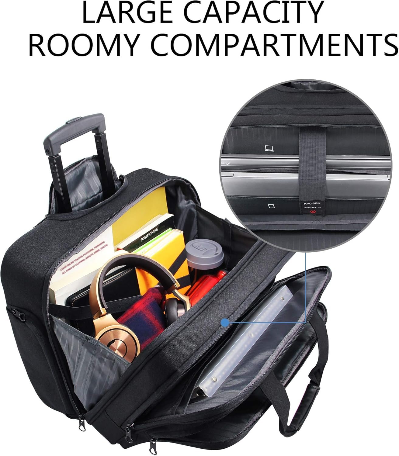 KROSER Rolling Laptop Bag Premium Wheeled Briefcase Fits Up to 17.3 Inch Laptop Overnight Roller Case Computer Bag with RFID Pockets for Travel/Business/Men/Women-Black - Image 3