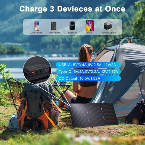 30W Portable Solar Panel, Foldable Solar Panel Charger with QC3.0 USB-A USB-C & DC Output for Phone/Power Bank/iPad/Power Station, IP65 Waterproof for Camping Backpacking Hiking RV Blackout - Image 3