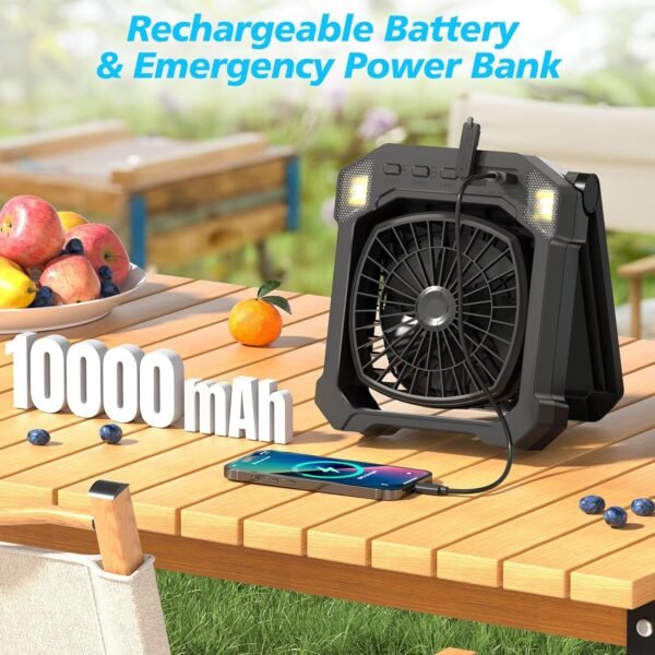 Camping Fan Solar Powered, Portable Solar Fan 10000mAh USB Rechargeable Battery Operated with Light, Quiet Outdoor Fans for Tent, RV, Emergency, Hiking, Power Outage, Desk, Greenhouse, Survival Kit - Image 6