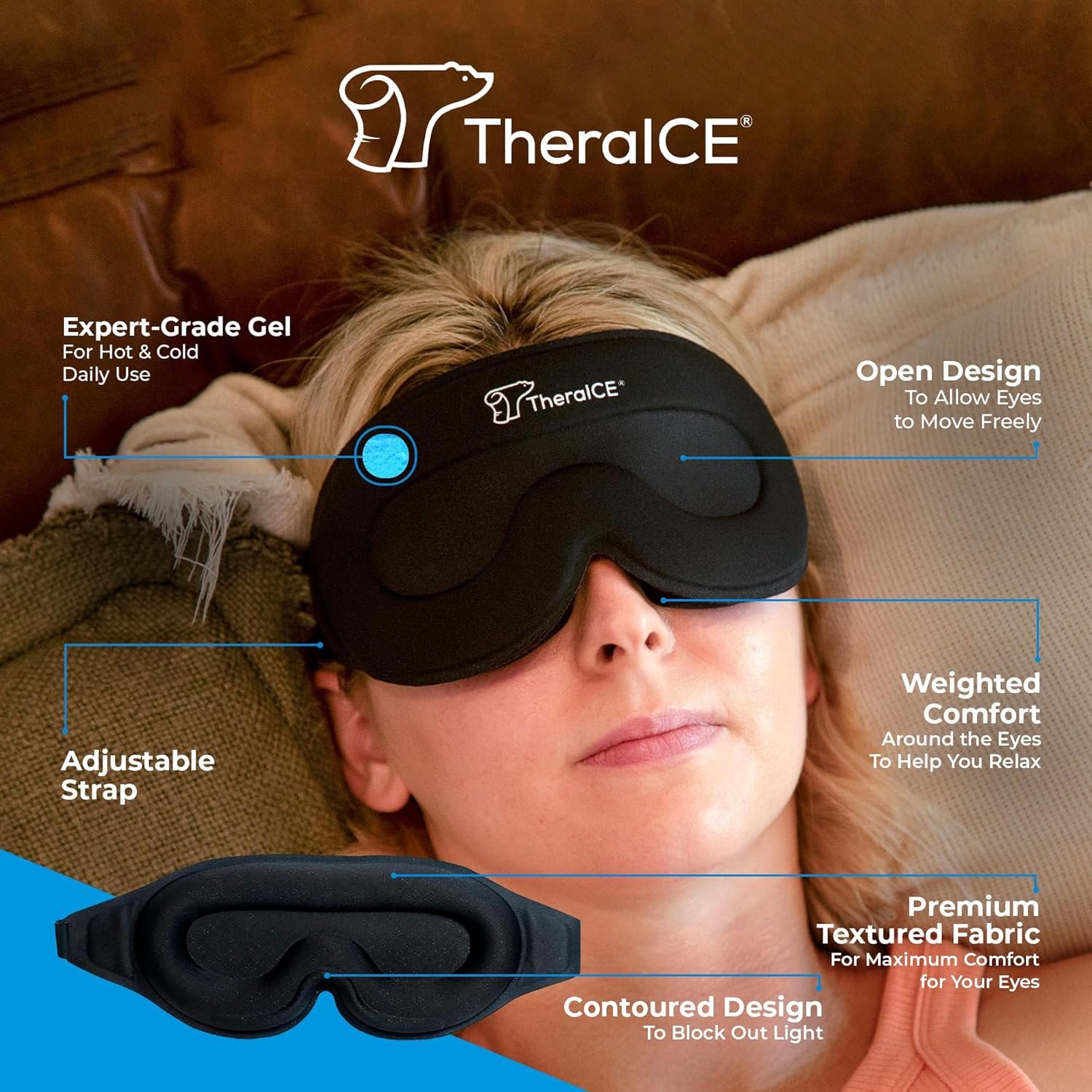 TheraICE Sleep Mask + Cooling Gel Relief - Sleep Eye Mask Blackout Blindfold Cold - 3D Contoured Relaxing No Pressure Eye Cover to Block Light for Comfortable Soothing Night Sleeping/Men & Women - Image 2