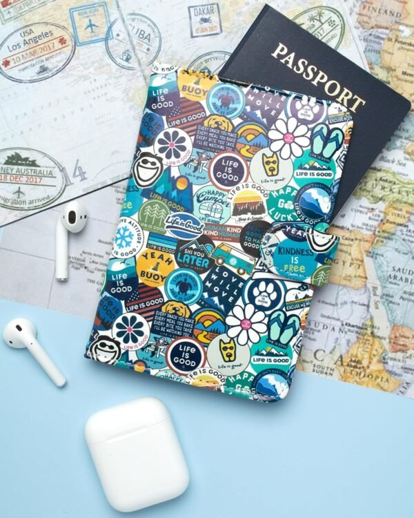 Life is Good Travel Passport Cover - Anti-Theft Passport Holder Wallet with Interior Card Slots, Magnetic Snap Closure, Newsprint - Image 3