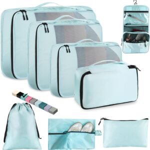 8 Set Packing Cubes for Travel Women Men Kids, Mesh Suitcase Organizer Bags Set for Luggage, 4 Sizes Extra Large, Large, Medium, Small, Travel Camping Essentials Accessories, Lake Blue