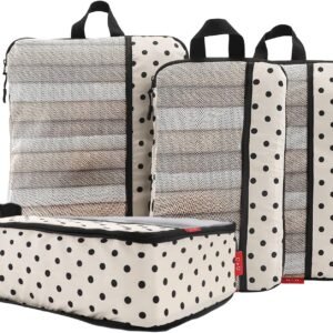 U+U 4 Set Compression Packing Cubes – Ultralight Travel Organizers with Laundry Bag, Space-Saving Suitcase Organizer, Expandable Packing Cubes for Travel, Business Trip and Family Vacation (Polka Dot)
