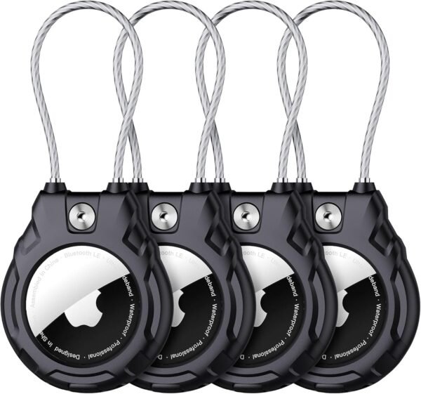 for Airtag Holder with Wire Cable, 4 Pack Ultra-Durable Lockable Case for Apple AirTag, Waterproof Keychain Holder for Luggage, Keys, Backpacks, Cars, Bags, and Kids