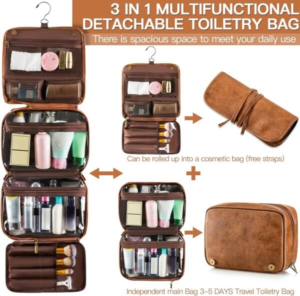 Elviros Hanging Toiletry Bag for Men Travel Essentials 3-in-1 Large Waterproof Dopp Kit PU Leather Shaving Bag with Separate Compartments for Grooming and Toiletries Mens Gift - Image 2