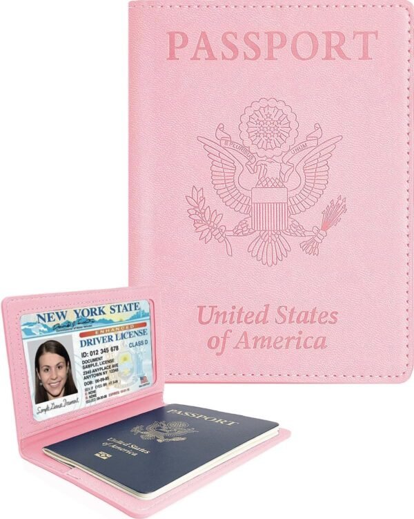 Sizobi Leather Passport Holder Covers, Passport Holder for Travel Women, RFID Blocking Wallet Case, International Travel Must Haves Travel Accessories for Women Men,Cruise Ship Essentials Gifts, Pink