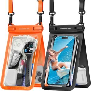 UNBREAKcable IPX8 Waterproof Phone Pouch 2-Pack, Double Space Waterproof Phone Case for iPhone 15 16 Pro Max up to 7″, Cellphone Dry Bag with Lanyard for Vacation Beach Kayak Cruise Travel Essentials