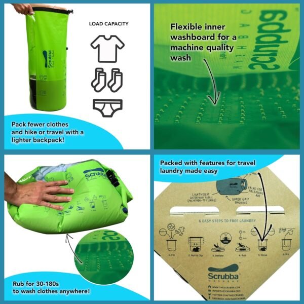Scrubba Portable Wash Bag Kit (5 Pieces) - Hand Washing Machine System - Light & Small Portable Washer for Travel, Camping, Hiking & Hotel Room Washing – Eco-friendly Travel Laundry Essentials - Image 6