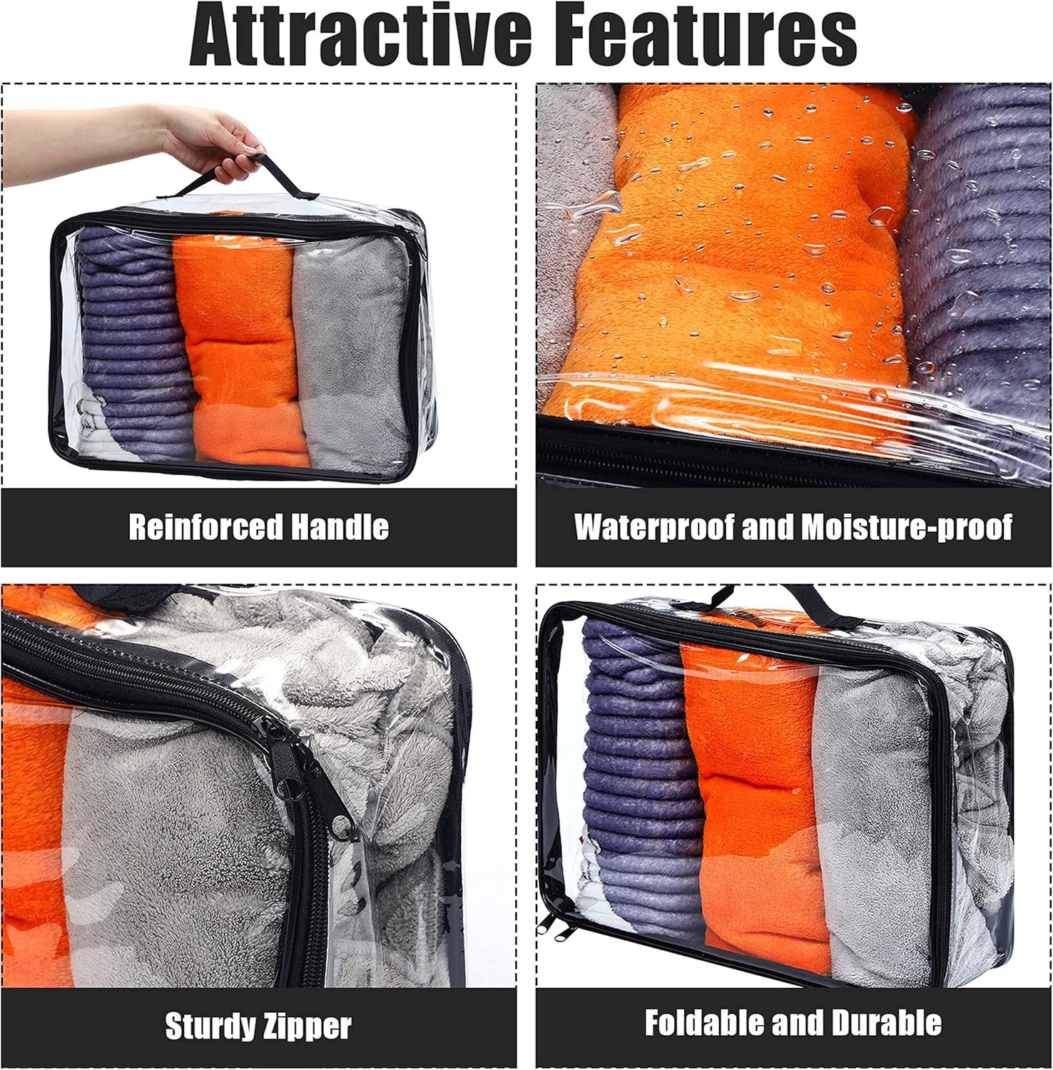 6 Pieces Large Clear Travel Packing Cube Clear Vinyl Zippered Storage Bags See Through Moving Bag PVC Multipurpose Pouch with Handle for Suitcase Shirts Dress Storage (Black, 15.8 x 10.2 x 3.9 Inch) - Image 3