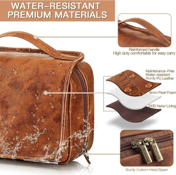Elviros Hanging Toiletry Bag for Men Travel Essentials 3-in-1 Large Waterproof Dopp Kit PU Leather Shaving Bag with Separate Compartments for Grooming and Toiletries Mens Gift - Image 3