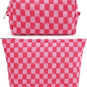 2 Pieces Makeup Bag Large Checkered Cosmetic Bag Capacity Canvas Mix Travel Toiletry Bag Organizer Cute Makeup Brushes Aesthetic Accessories Storage Bag for Women, Checkered Mix Rose Red