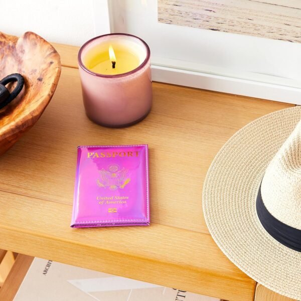 Chrome Holographic Iridescent USA Passport Holder Cover Wallet - Unisex Adults - Faux Leather - RFID Protected - Pink & Gold - Image 7