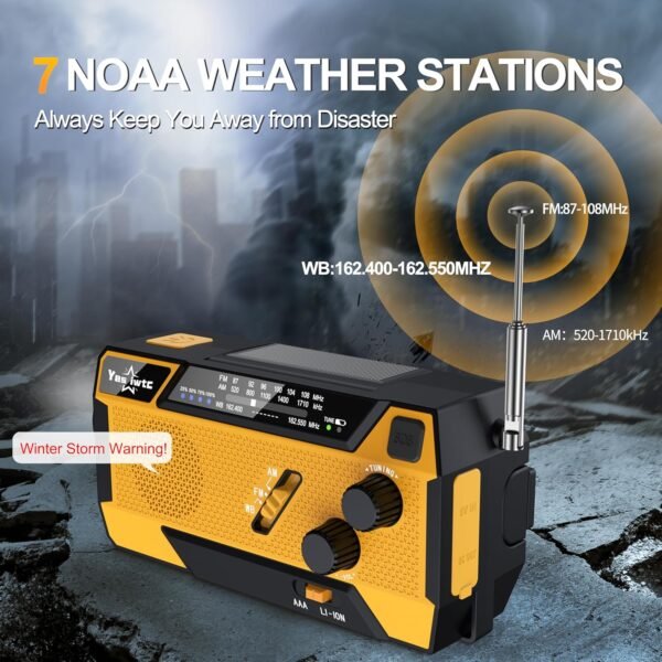 Hand Crank Emergency Radio NOAA Weather Radio 7400mWh Battery Operated 3 in 1 Charging Cable Hand Crank Charger with AM FM Portable Solar Powered Radio for Winter Storm Hurricane Survival Gear - Image 3