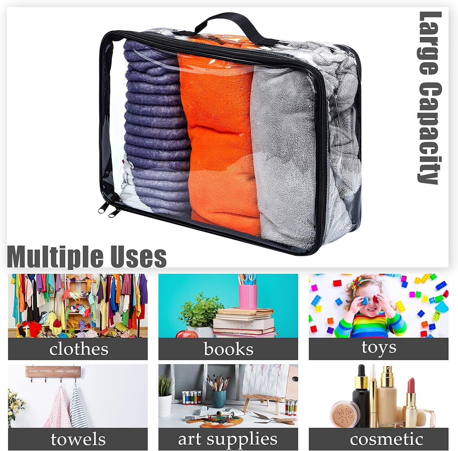 6 Pieces Large Clear Travel Packing Cube Clear Vinyl Zippered Storage Bags See Through Moving Bag PVC Multipurpose Pouch with Handle for Suitcase Shirts Dress Storage (Black, 15.8 x 10.2 x 3.9 Inch) - Image 7