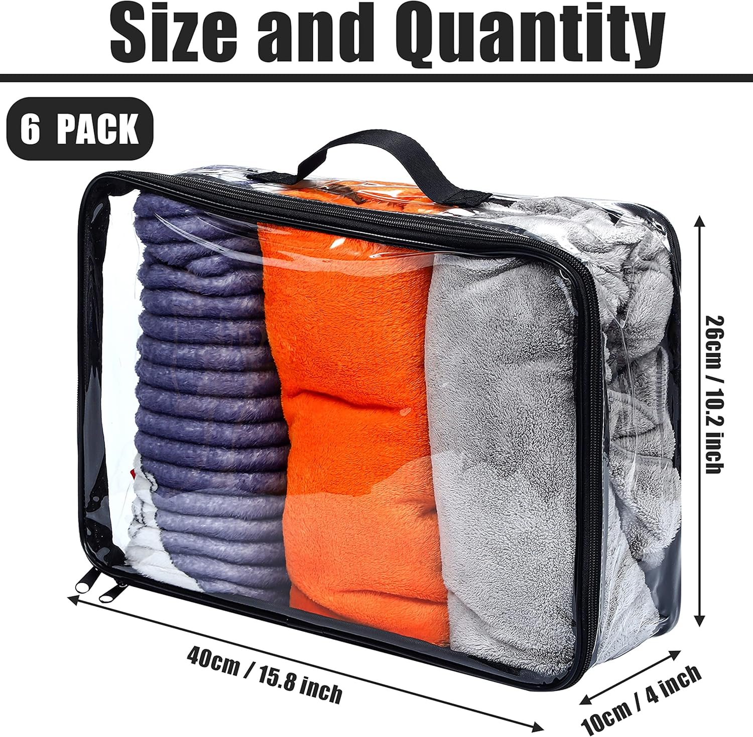 6 Pieces Large Clear Travel Packing Cube Clear Vinyl Zippered Storage Bags See Through Moving Bag PVC Multipurpose Pouch with Handle for Suitcase Shirts Dress Storage (Black, 15.8 x 10.2 x 3.9 Inch) - Image 2