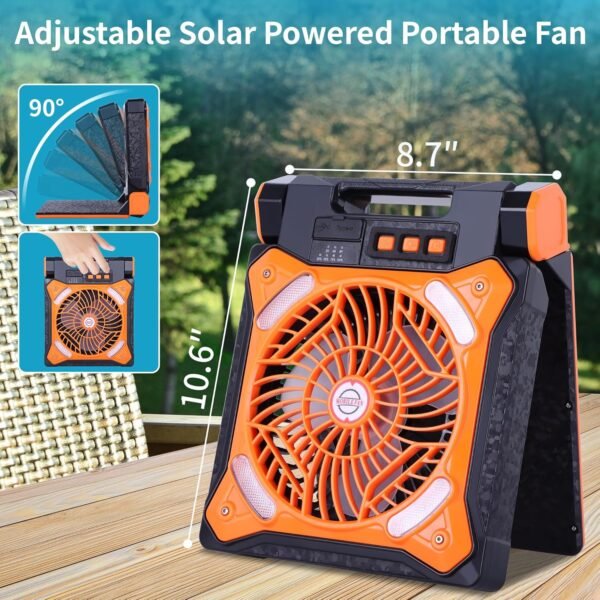Solar Fan Battery Powered Rechargeable Solar Camping Fan with Led Lantern Power Bank Foldable Angle USB Personal Fans for Travel Outdoor CampingTents camping essentials X98 Orange - Image 6