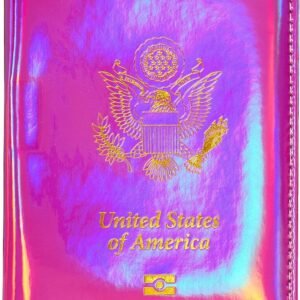 Chrome Holographic Iridescent USA Passport Holder Cover Wallet – Unisex Adults – Faux Leather – RFID Protected – Pink & Gold