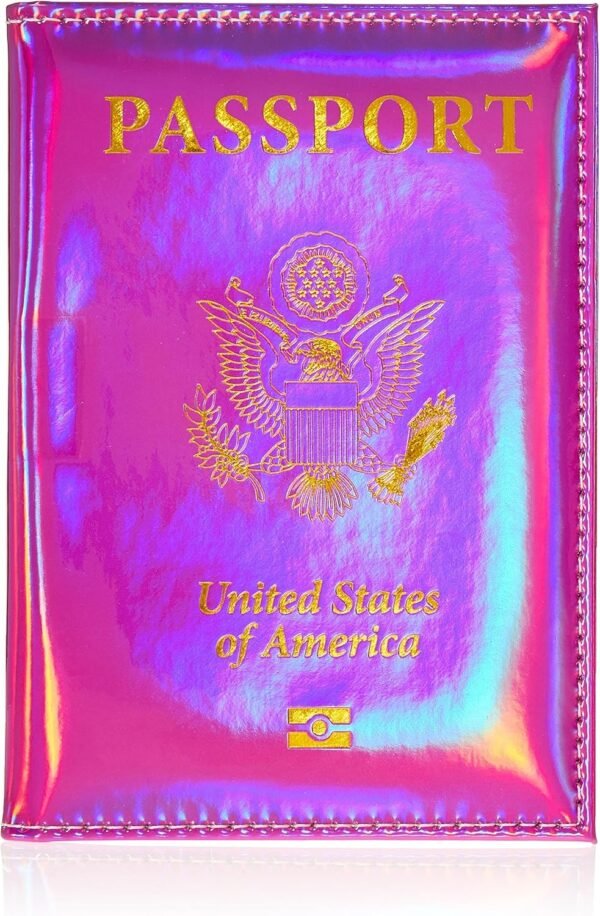Chrome Holographic Iridescent USA Passport Holder Cover Wallet - Unisex Adults - Faux Leather - RFID Protected - Pink & Gold - Image 2