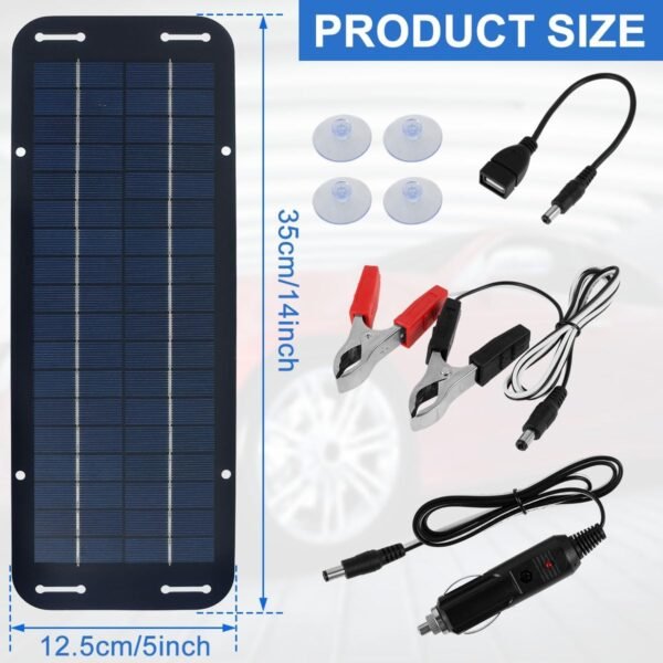 12V Solar Panel Kit, Waterproof 30W Solar Trickle Charger 14 X 5 inch Portable Solar Powered Charger Kit with 4 Suction Cups, High-Efficiency Car Battery Charger for Car RV Boat Motorcycle - Image 3