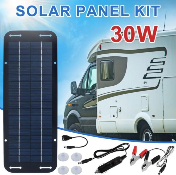 12V Solar Panel Kit, Waterproof 30W Solar Trickle Charger 14 X 5 inch Portable Solar Powered Charger Kit with 4 Suction Cups, High-Efficiency Car Battery Charger for Car RV Boat Motorcycle - Image 5