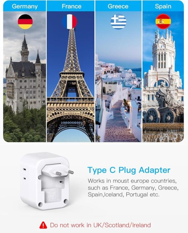 European Travel Plug Adapter, HANYCONY Foldable International Power Adapter, Type C Adapter with 4 Outlets 4 USB Ports (2 USB C) for US to Most of Europe EU Italy Spain Greece Portugal France Germany - Image 2