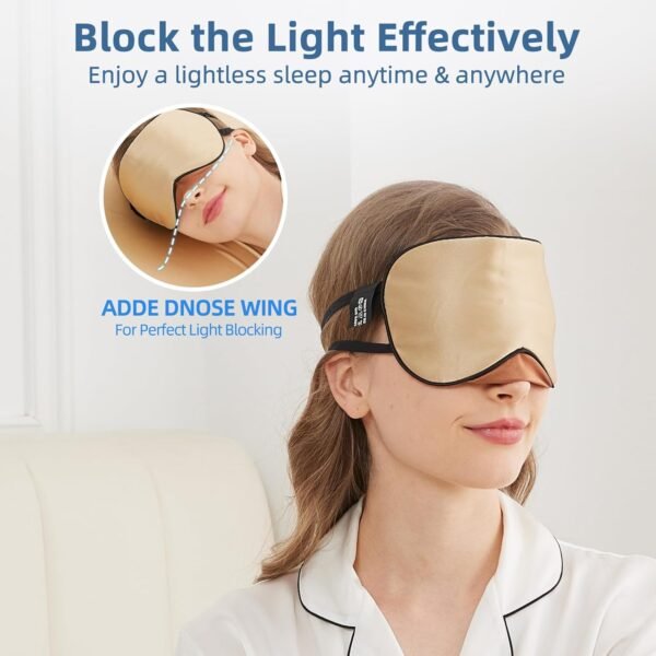 Sleep Mask, 1 Pack 100% Real Natural Pure Silk Eye Masks with Elastic Adjusting Strap, Mulberry Silk Eye Sleep Shade Cover for 3 Sizes (Gold, Large 10.6''x4'') - Image 3