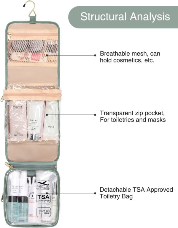 Relavel Travel Toiletry Bag for women with Detachable TSA Approved Toiletry Bag, Compact Hanging toiletry bag with Small Carry On 3-1-1 Clear Waterproof Travel Bags for Toiletries (Green, A Small) - Image 3