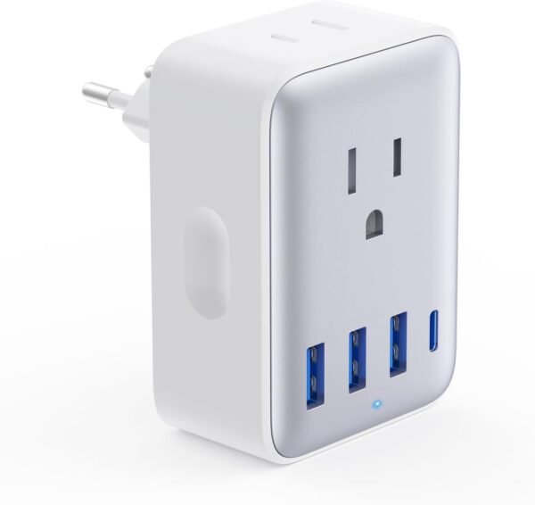 European Travel Plug Adapter, 45W International Power Plug With 2 AC Outlets, 1 USB-C and 3 USB-A Ports, 6-in-1 Type C Power Adapter Charger for US to Most of Europe EU Spain Italy France Germany