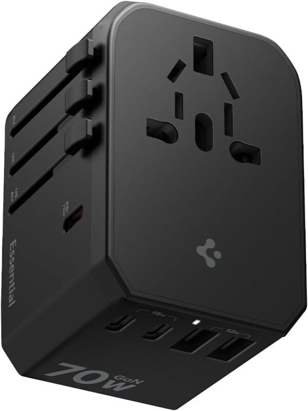 Spigen 70W Universal Travel Adapter, International AC Plug Adapter, International Travel Charger for EU UK AUS, Worldwide Travel Adapter, 2 USB-A & 2 USB-C Multiple Ports for Mobile, Tablet, Black