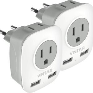 2 Pack European Travel Plug Adapter, VINTAR International Power Plug Adapter with 2 USB Ports,2 American Outlets- 4 in 1 Outlet Adapter,Travel Essentials to Italy,Greece,France, Spain (Type C)