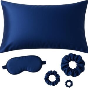 Silk Sleep Kit, Royal Blue Pillowcase with Sleep Mask and 3 Scrunchies Set, Hair Protection Accessories