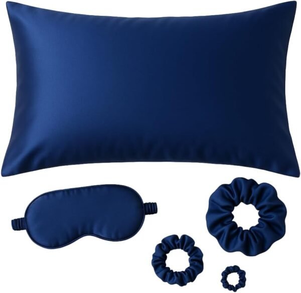 Silk Sleep Kit, Royal Blue Pillowcase with Sleep Mask and 3 Scrunchies Set, Hair Protection Accessories