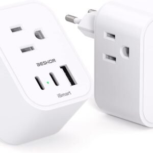 【2-Pack】 European Travel Plug Adapter, BESHON International Power Plug Adapter with 3 Outlets 3 USB Ports(2 USB C), Type C Plug Adapter Travel Essentials to Most Europe Spain Italy France Germany