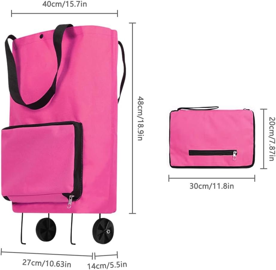 Foldable Shopping Trolley with Wheels - 2 in 1 Reusable Grocery Bags (Rose Red) - Image 2